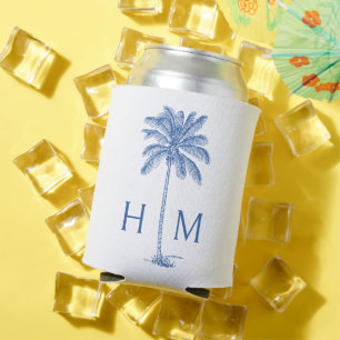Blue and White Palm Palmetto Tree Monogram Can Cooler