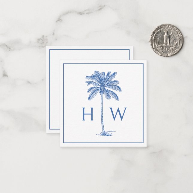 Blue and White Palm Palmetto Tree Monogram Card (Front/Back In Situ)