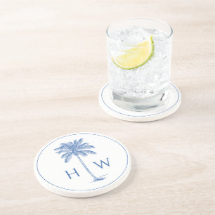Blue and White Palm Palmetto Tree Monogram Coaster
