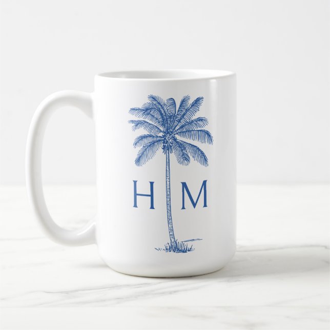 Blue and White Palm Palmetto Tree Monogram Coffee Mug (Left)