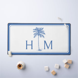 Blue and White Palm Palmetto Tree Monogram Desk Mat