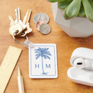 Blue and White Palm Palmetto Tree Monogram Key Ring