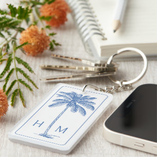 Blue and White Palm Palmetto Tree Monogram Key Ring