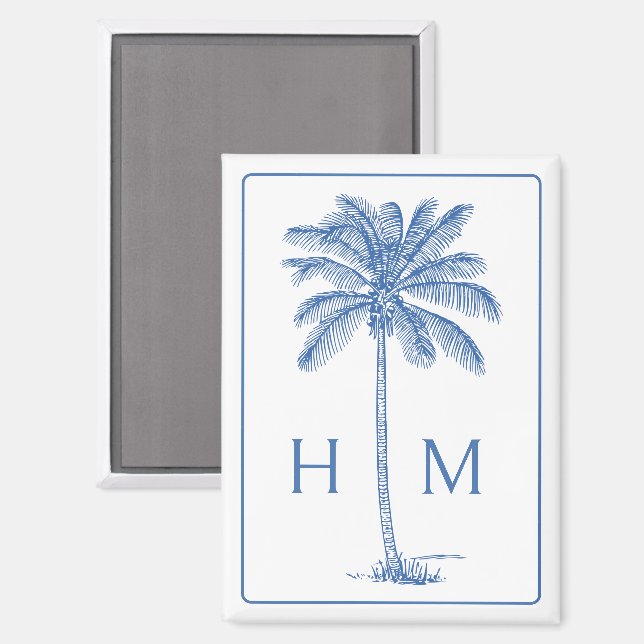 Blue and White Palm Palmetto Tree Monogram Magnet (Front/Back)
