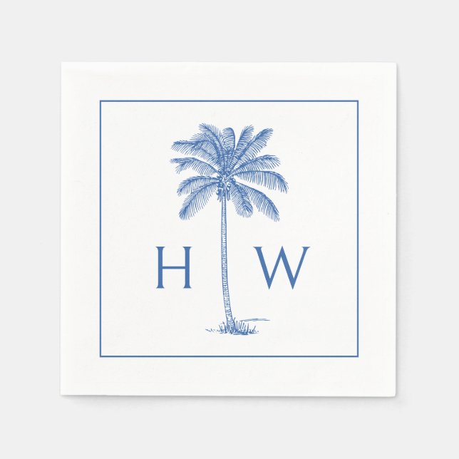 Blue and White Palm Palmetto Tree Monogram Napkin (Front)