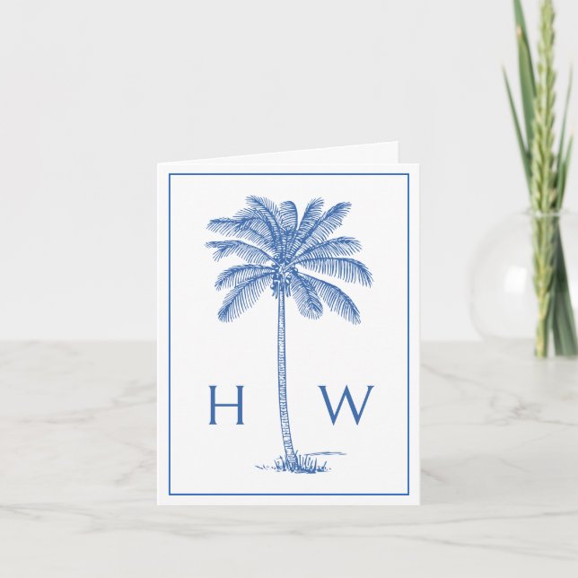 Blue and White Palm Palmetto Tree Monogram Note Card (Front)