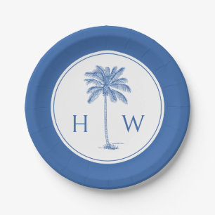 Blue and White Palm Palmetto Tree Monogram Paper Plate