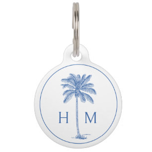 Blue and White Palm Palmetto Tree Monogram Pet Tag