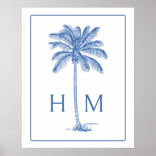 Blue and White Palm Palmetto Tree Monogram Poster