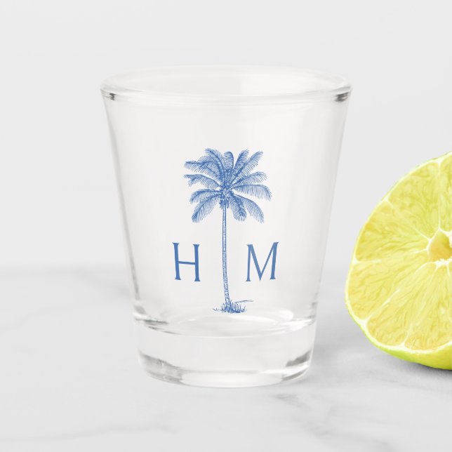 Blue and White Palm Palmetto Tree Monogram Shot Glass (Front)