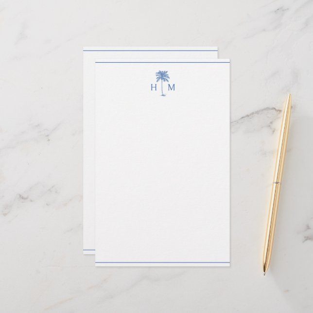 Blue and White Palm Palmetto Tree Monogram Stationery (Front/Back In Situ)