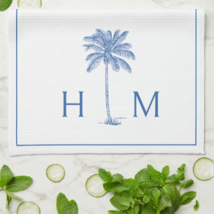 Blue and White Palm Palmetto Tree Monogram Tea Towel