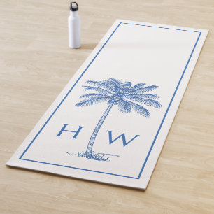 Blue and White Palm Palmetto Tree Monogram Yoga Mat