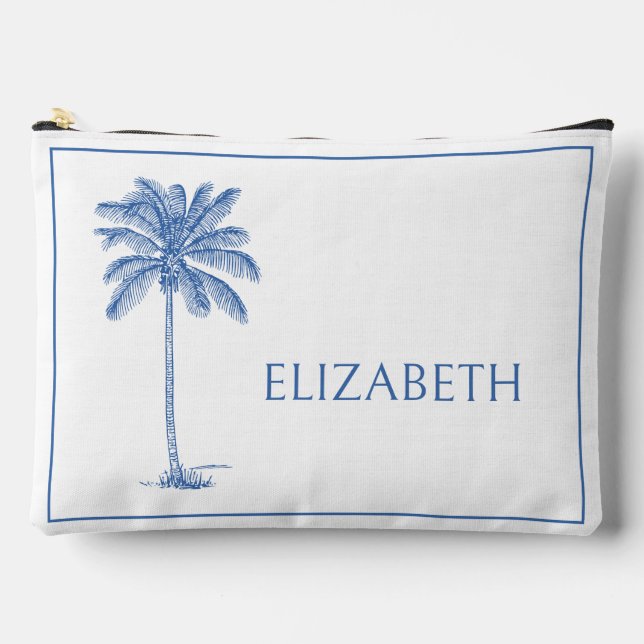 Blue and White Palm Palmetto Tree Personalised Accessory Pouch (Front)