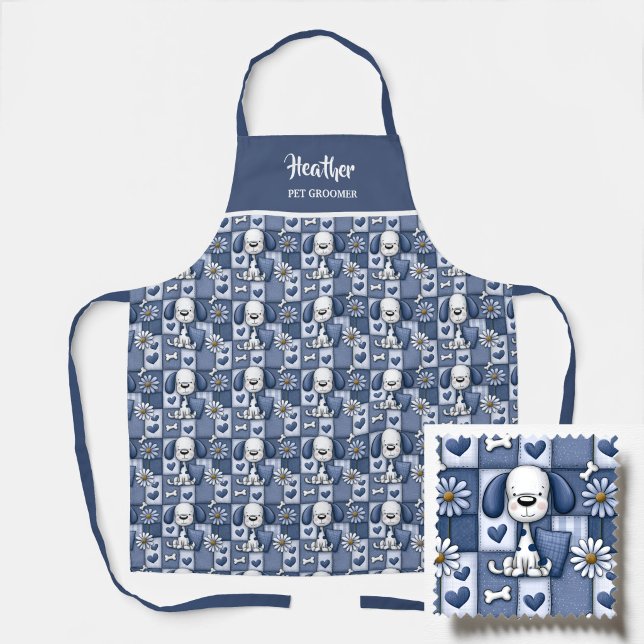 Blue and White Patchwork Dog Pattern Pet Groomer Apron (Creator Uploaded)