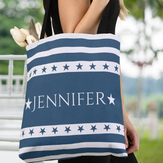 Blue and White Patriotic Stars and Stripes Custom Tote Bag