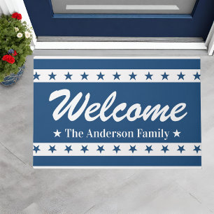 Blue and White Patriotic Stars Custom Name Welcome Doormat