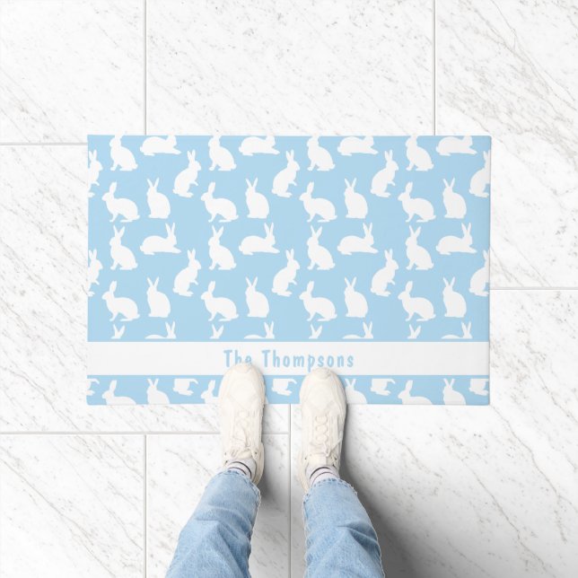 Blue And White Pattern Of Bunnies With A Name Doormat (Indoor)