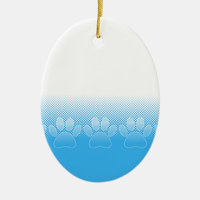 Blue And White Paws With Newsprint Background Ceramic Tree Decoration (Front)
