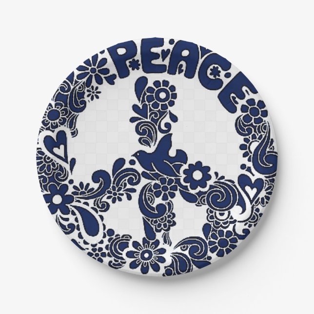 blue and white peace sign paper plates (Front)