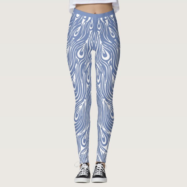 Blue and White Peacock Design Leggings (Front)