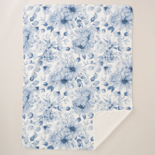 Blue and White Peonies and Blossoms Watercolor  Sherpa Blanket