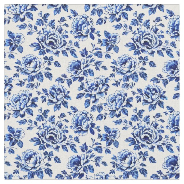 Blue and White Peonies Toile de Jouy Fabric (Close Up)