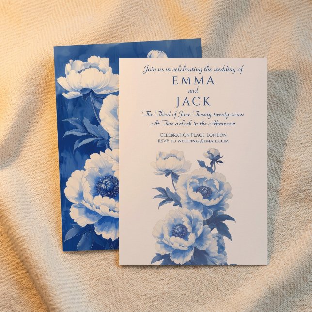 Blue and white peonies wedding invitation (Blue and white peonies wedding invitation)