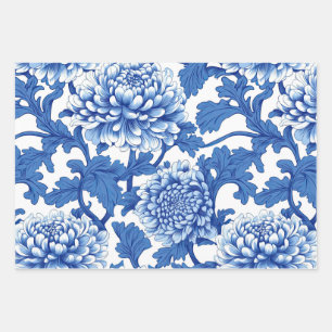 Blue and White Peony Chinoiserie Floral Wrapping Paper Sheet