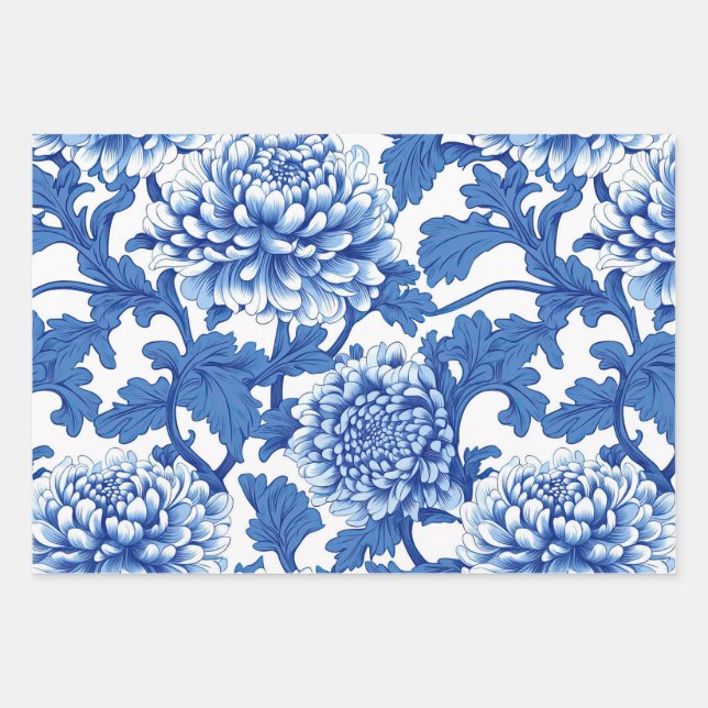 Blue and White Peony Chinoiserie Floral Wrapping Paper Sheet (Front)