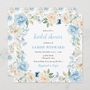 Blue and White Peony Flowers Bridal Shower Invitation