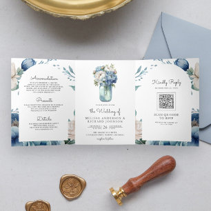 Blue and White Peony Mason Jar QR Code Wedding Tri-Fold Invitation