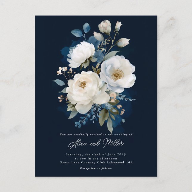 Blue and White Peony Wedding Postcard (Front)
