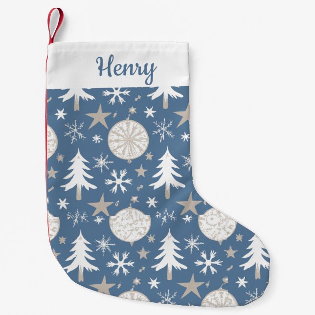 Blue And White Personalised Cute Pattern Snowflake Small Christmas Stocking (Front)