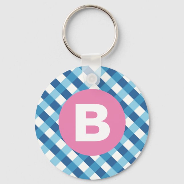 Blue and White Plaid Checked Pink Monogram Key Ring (Front)
