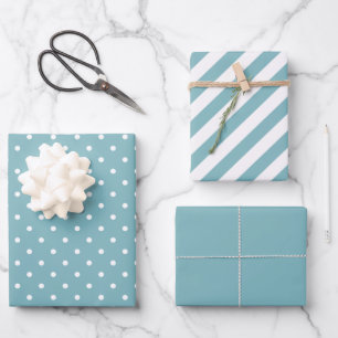 Blue and White Polka Dot and Stripe  Wrapping Paper Sheet