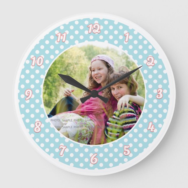 Blue and White Polka Dot Personalised Photo Large Clock (Front)