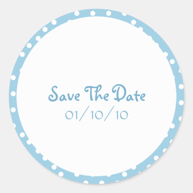 Blue and White Polka Dot Save The Date Stickers (Front)