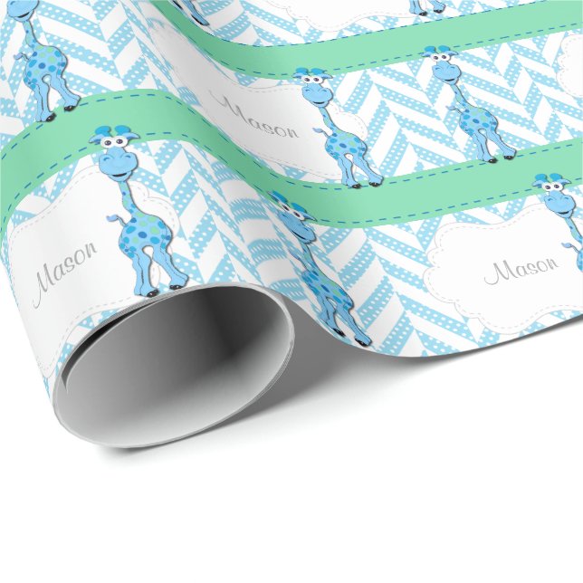 Blue and White Polka Dot with Blue Giraffe Wrapping Paper (Roll Corner)