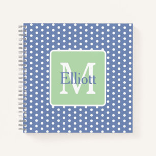 Blue and White Polka Dots With Green Monogram Notebook