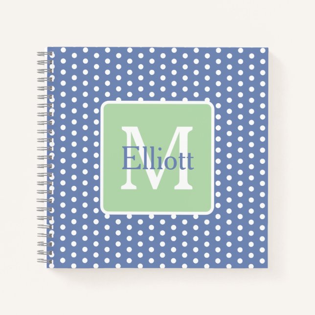 Blue and White Polka Dots With Green Monogram Notebook (Front)