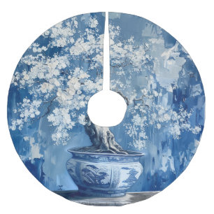 Blue and White Porcelain China Chinoiserie Cherry  Brushed Polyester Tree Skirt