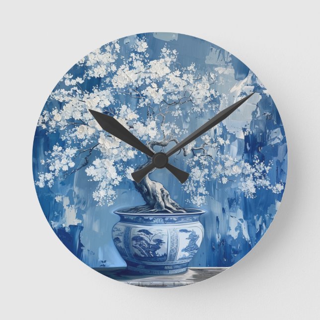 Blue and White Porcelain China Chinoiserie Cherry  Round Clock (Front)