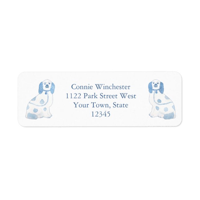 Blue And White Pottery Spaniel Dogs Return Address (Front)