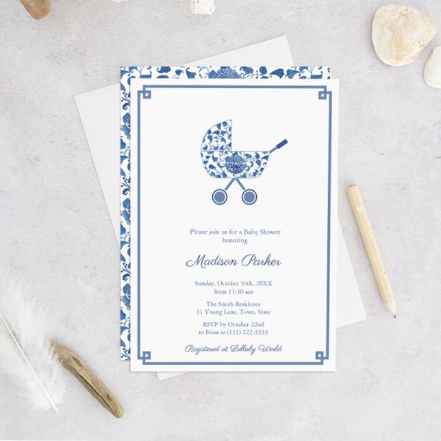 Blue And White Pram Chinoiserie Chic Baby Shower Invitation (Chinoiserie Chic Baby Carriage Or Buggy Baby Shower Invitation In Blue And White)