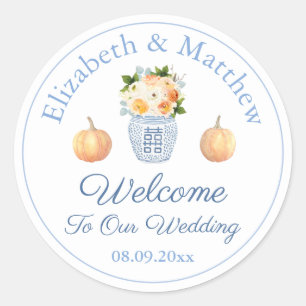 Blue And White Pumpkin Chinoiserie Wedding Welcome Classic Round Sticker
