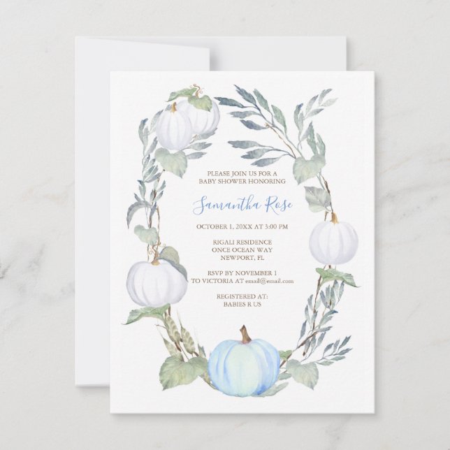 Blue and WHITE PUMPKIN Greenery BABY Shower Invite (Front)