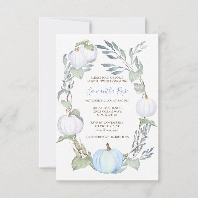 Blue and WHITE PUMPKIN Greenery BABY Shower Invite (Front)