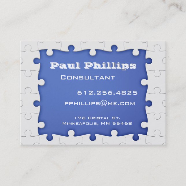 Blue and white Puzzle Piece Business Cards (Front)