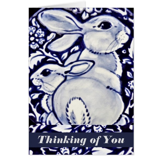 Blue and White Rabbit and Baby Personalised Card (Front)